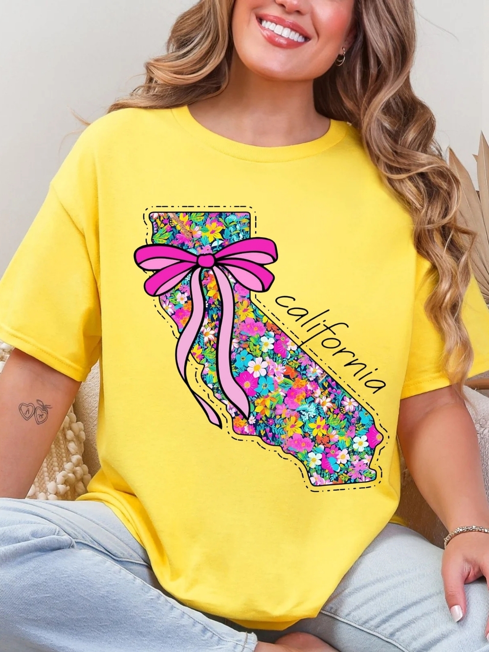 Gildan Yellow Tee with Multicolor Floral California Graphic and Pink Bow